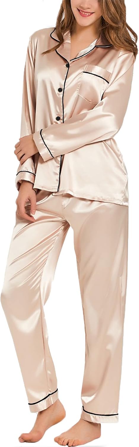 Women's Silk Satin Pajama Set, Long-Sleeved Button-Up Pajamas