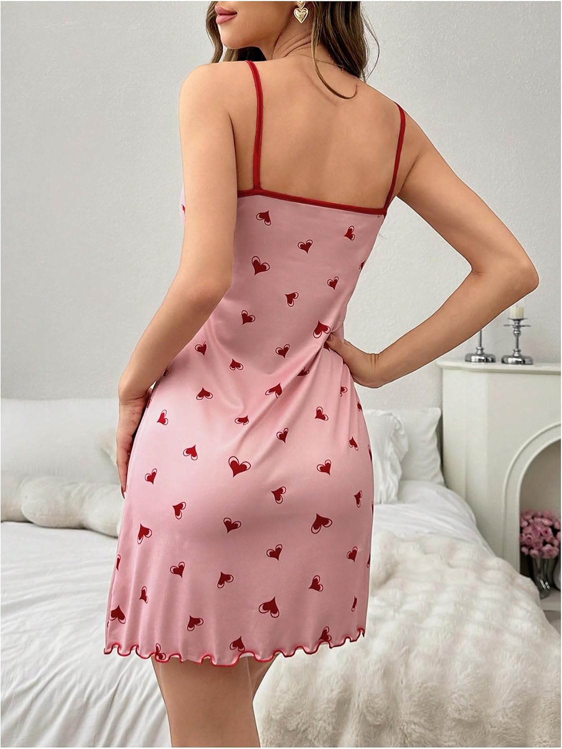 Cute Heart Print Spaghetti Straps Sexy Color-Blocked Lace