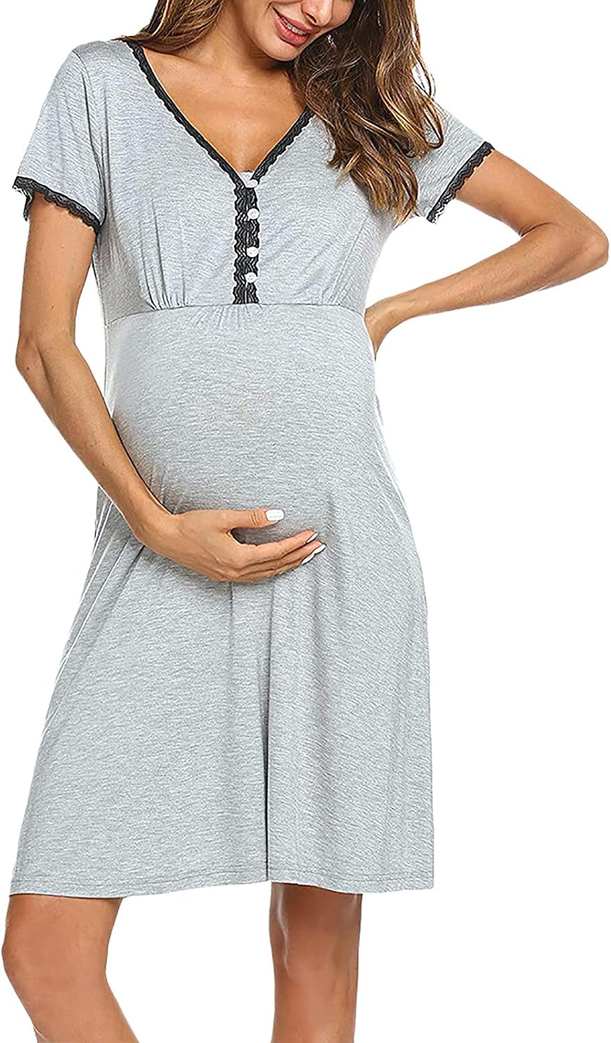 Women's three-in-one maternity/labor/pregnancy/nursing robe, short-sleeved pleated nursing nightgown