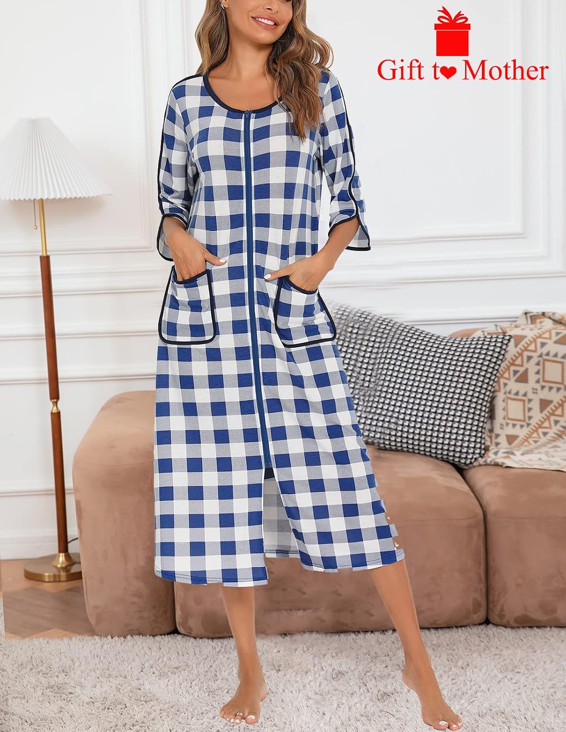 Women's Zipper Robe, Long Striped Women's Loungewear, with Pockets - Image 2