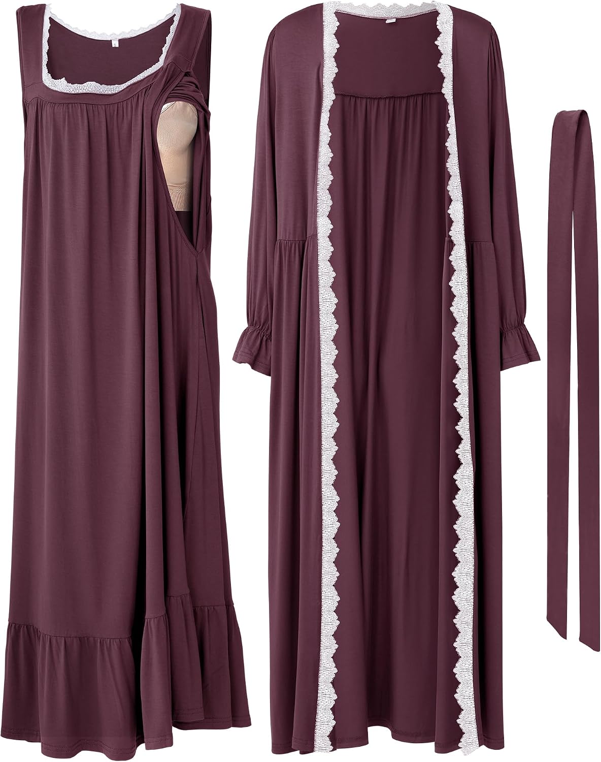 Two-Piece Lace Maternity Nursing Robe Set
