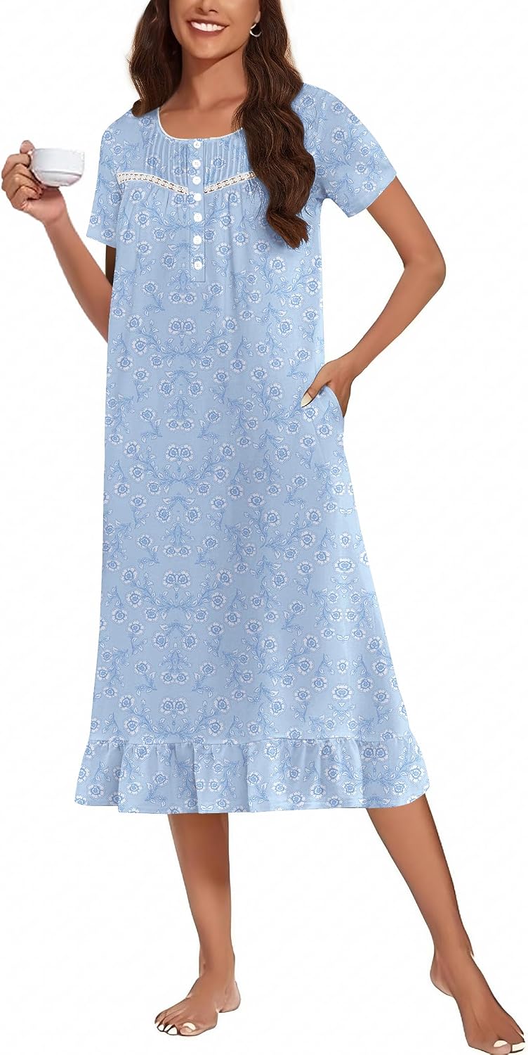 Women's Pure Cotton Long Button-Up Robe Short-sleeved loungewear, Victorian style pajamas
