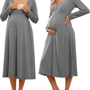 Cotton blend maternity pajamas, button-down nursing robe, maternity nursing dress, with pockets
